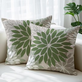 JANGYUHH Cushion Cover 40 x 40 cm Modern Dahlia Decorative Cushion Double-Sided Pattern Green Grey Flowers Sofa Cushion Outdoor Cushion Linen Cushion Covers Decorative for Sofa Garden Living Room Bed