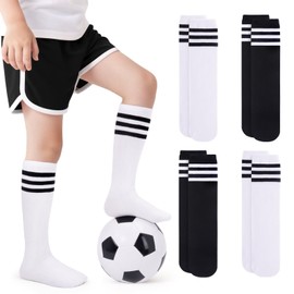 VEKDA 4 Pairs Kids Soccer Socks Toddler Boys Girls Athletic Youth Baseball Socks Knee High Seamless Toe 2Black/2White M