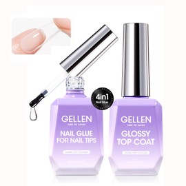 Gellen Gel Nail Glue and No Wipe Top Coat, 4 in 1 Nail Gel Glue for False Nail Tips, Acrylic Nails, Clear Press on Nails, Base Gel, Rhinestone, Glossy Top Coat for Gel Nail Polish, UV Lamp Needed