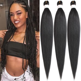 Pre Stretched Braiding Hair Black 26''3 Packs Braiding Hair Natural Crochet Braid Hair Synthetic Hair Extensions for Women Hot Water Setting Professional Soft Yaki Texture (26 Inch,1B#)