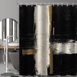 TIYAANDSY Oil Painting Abstract Shower Curtain for Bathroom, Black White Brown Rectangle Boho Shower Curtain Set, Brush Strokes Fabric Modern Waterproof Bathroom Decor with 12 Hooks 72x72in C