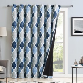 Beauoop 100% Blackout Curtains 84 Inches Long for Patio Sliding Door Blue Grey Extra Wide Moroccan Geo Room Darkening Thermal Soundproof Room Divider Grommet Window Treatment Drapes,100x84 Set of 1