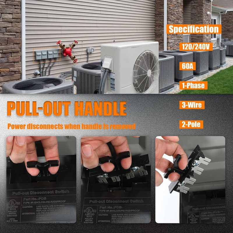 HUAREW 60 Amp AC Disconnect Metal Box, 240V Pull Out