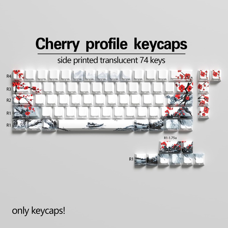 JSJTKeys Plum Blossom Theme White Keycap,PBT Side Printed Translucent Keycaps,