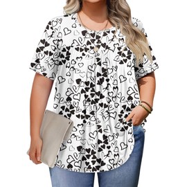 IN'VOLAND Plus Size Women's Short Sleeve Boho Shirts Casual Crew Neck Floral Solid Summer Blouse Pleated Casual Tunic Top