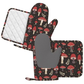 CEVIOLINRE Retro Mushroom Oven Mitts and Pot Holders Set Silicone Heat Resistant Mushrooms Kitchen Gloves Set Mushroom Kitchen Mittens Pot Holders for BBQ Cooking Baking Grilling