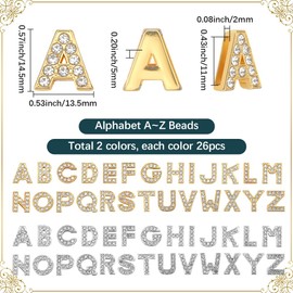 SUNNYCLUE 1 Box 52 Pieces 52 Styles Rhinestone Letter Pendants Alloy Alphabet Beads Bulk Gold/Silver Metal Full Rhinestones A to Z Sliding Charm Bead for Jewellery Making Bracelets