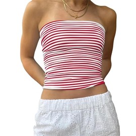 Cioatin Women Strapless Striped Bandeau Tube Tops Y2K Aesthetic Sleeveless Backless Crop Tank Going Out Summer Girls Red White