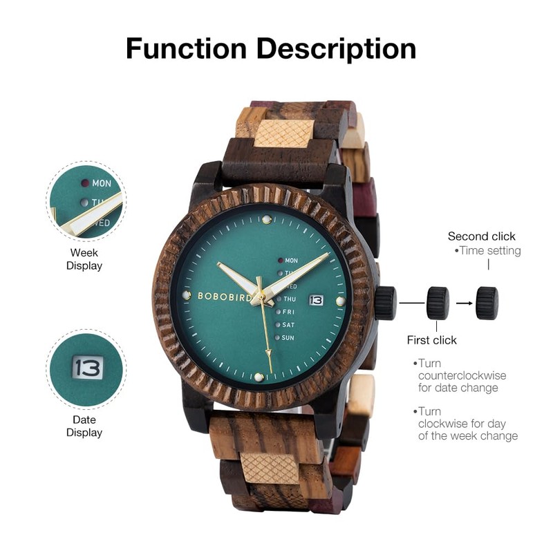 BOBO BIRD Mens Wooden Watch Analog Quartz with Week Display