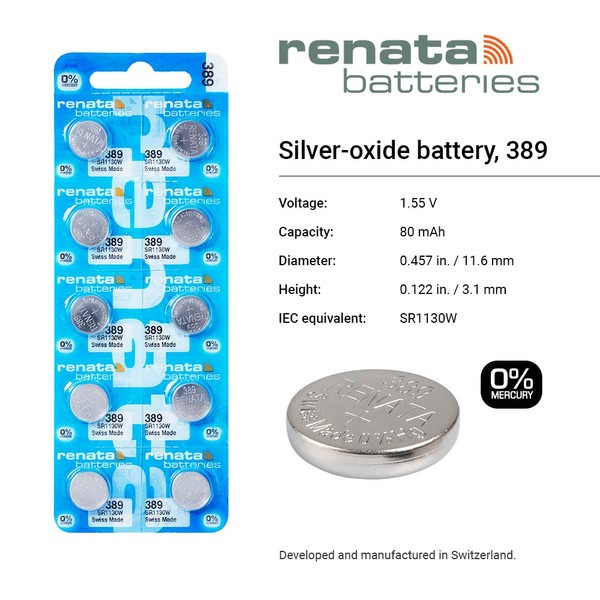 Renata Watch Battery Swiss Made Renata 389 or SR1130SW Or AG10 1.5V (3 Batteries, 389 or SR 1130 SW)