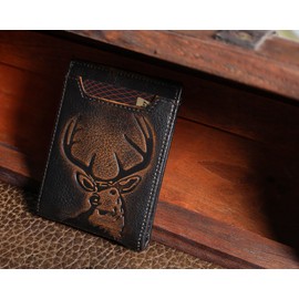 DK86 Mens Deer Slim Wallet with Money Clip Minimalist Bifold Front Pocket wallet for Men RFID Blocking Full Grain Leather with Hand Burnished
