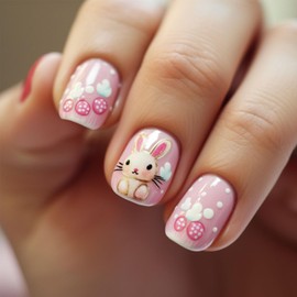 Easter Press on Nails Short Square Fake Nails with Easter Cute Bunny Egg Cloud Designs Glossy Cute Acrylic Nails Artificial Nails Rabbit Press on Stick on Nails for Women 24Pcs