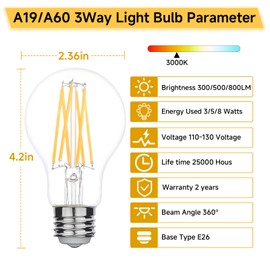 CHULEIBACUI 3 Way Light Bulbs,3 Way Led Bulbs 30 50 80W Equivalent, A19/A60 Led 3Way Clear Light Bulbs,3000K Soft White, Non-Dimmable,Three Way Edison Bulb E26 Base for Reading,Home Lighting 2Pack