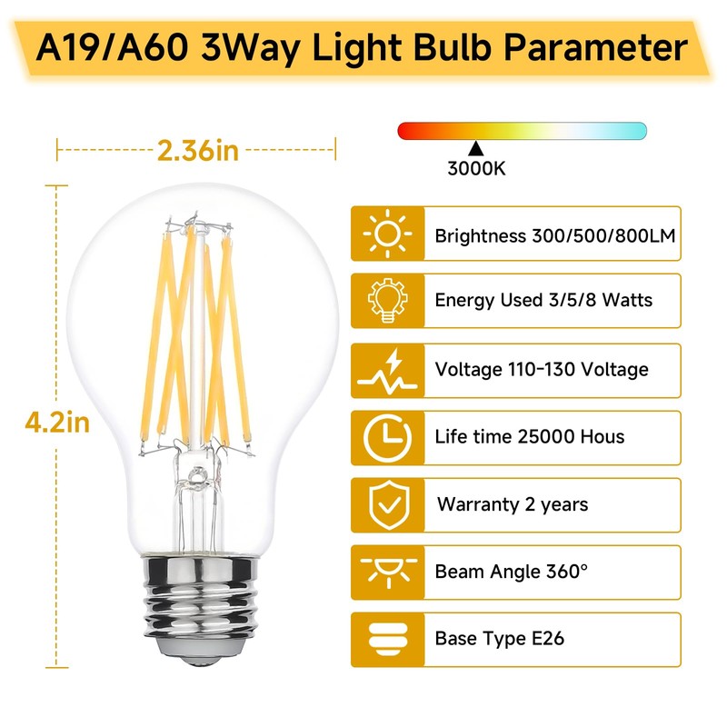 A19/A60 3 Way LED Bulb, E26 Base, 30/50/80W Equivalent, 3000K