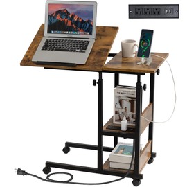 Hadulcet Adjustable C Table with Charging Station, Tiltable Desk C Shaped End Table for Couch, Over Bed Table with Wheels Adjustable Height, Hospital Table Laptop Stand Drawing Desk, Rustic Brown