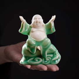 Houlu Small Green Fat Laughing Buddha Statue for Good Luck, Ceramic Lucky Happy Buddha Statue for Home Décor