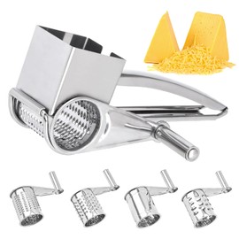Rallador de Queso Acero Inoxidable, Rallador de Verduras con 4 Cuchillas Intercambiables de Tambor, Trituradora de Queso Manual a Mano
