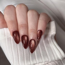 SXVME Cat Eye Tan Brown Press On Nails Medium Almond Shaped - 30 Pcs Stiletto Fake Nails Acrylic Press ons, Opaque Glitter Chrome Gel Nails Stick on, Soft Gel Glue on Nails for Women Fall Winter