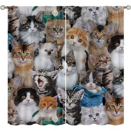 Wusihorld - Cortinas opacas para gatos, decoración del hogar, lindo gato blanco, gatito, negro, divertido bolsillo para barra de gatito, cortinas con aislamiento térmico, cortinas para oscurecer la