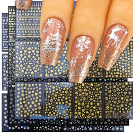 36 Sheets Christmas Snowflake Nail Decals,3D Self-Adhesive Winter Theme Holiday Nail Sticker White Silver Gold Snowflake Nail Art Design Decals DIY Nail Decoration Supplies for Women Girls
