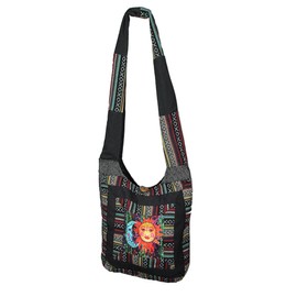 Colorful Black and Gray Cotton Celestial Sun and Moon Sling Bag Zipper Pockets