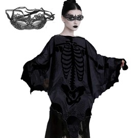 HATINXIA Disfraces de Halloween para mujer, poncho de esqueleto de encaje con máscara negra, negro