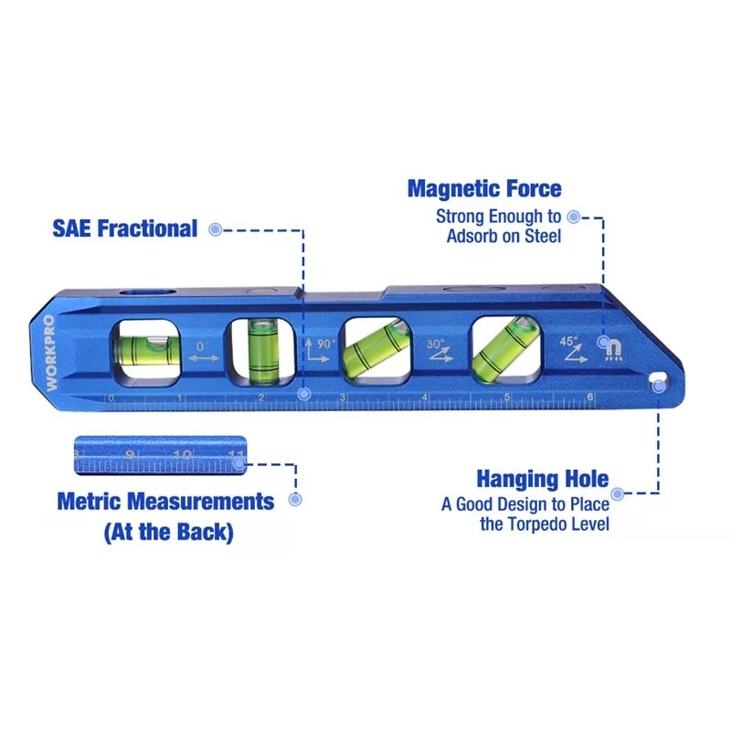 WORKPRO 8” Magnetic Torpedo Level 4 Bubble Vials for 0°/90°/45°/30°