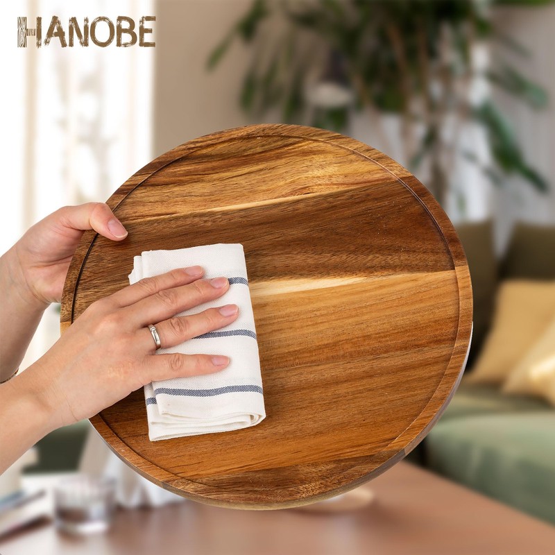 Hanobe Wood Tray Lazy Susan: Round Acacia Wooden Turntable Decorative