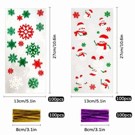 Pack of 200 Christmas Cellophane Bags, Christmas Cello Treat Bags, Goodies Bags, Gift Bags with 200 Pieces Twist Ties for Christmas Party Supplies (B)