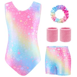 TOSZOLY Girls' Gymnastics Leotard, Girls' Sleeveless Set with Shorts, Headband and Sweatband, Ballet Clothing for Children 4-9 Years, Top and Shorts Set, 130