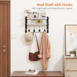 Homode Two-Tier Coat Rack with Shelf, 17 Inch Wood Coat Hanger Wall Mount, Entryway Wall Shelf with Heavy Duty Key Hooks, Hanging Storage Shelves for Display Books Plants Photos, White
