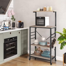 Yaheetech Kitchen Bakers Rack on Wheels(16D x 24W x 50H Inches), Microwave Stand Kitchen Cart, Rolling Coffee Bar Cart with 6 S-Side Hooks and Adjustable Feet, Utility Storage Shelf, Gray