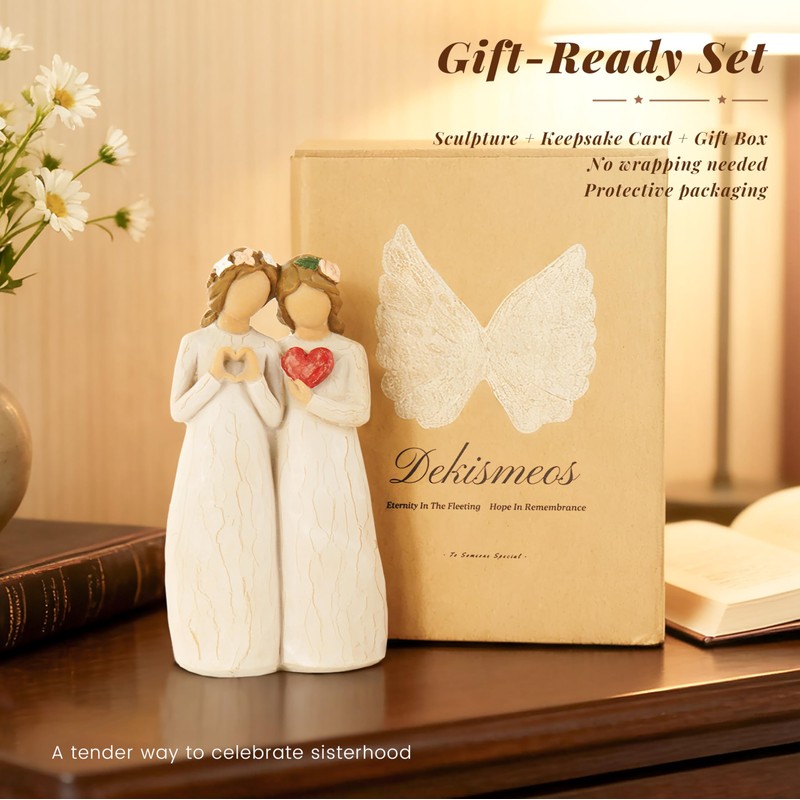 Dekismeos Sister Figurine with Heart, Two Sisters Resin Sculpture as