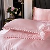Bedorm Pink Satin Comforter Sets with Sheets White Pom Pom