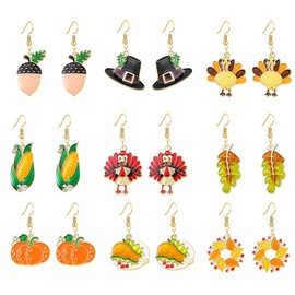 9Pairs Fall Earrings for Women Cute Squirrel Pine Cone Corn Maple Leaf Pumpkin Turkey Earrings Autumn Thanksgiving Earring Autumn Thanksgiving Jewelry Gift (Hat)