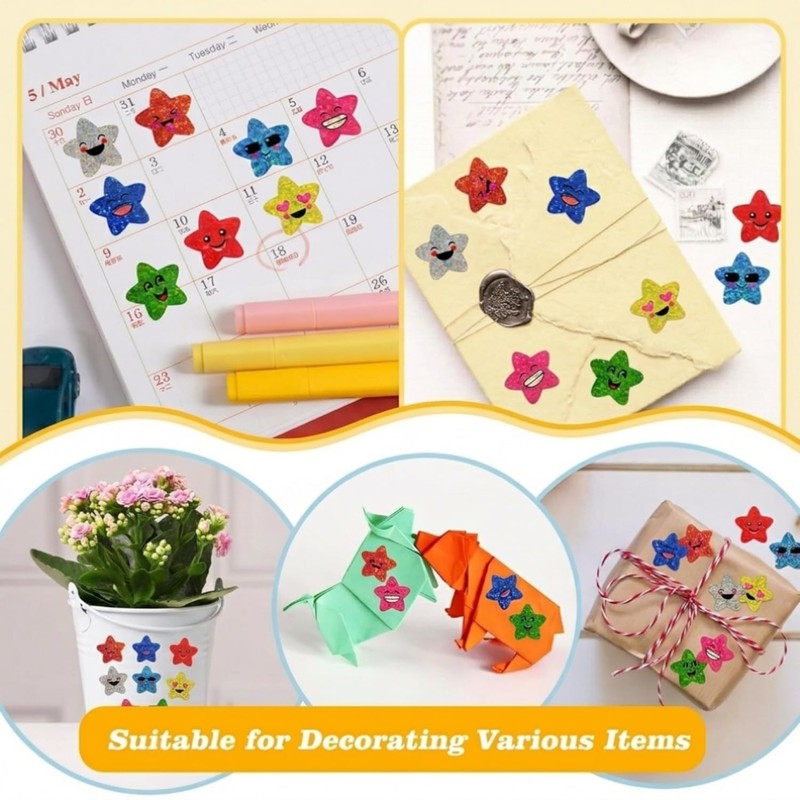 500 Pcs Glitter Star Stickers Roll, Smiley Reward Stickers for