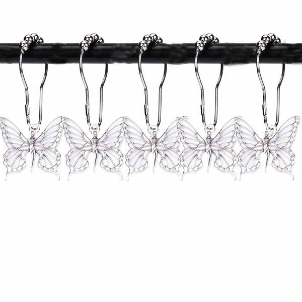 YYC 12Pcs Cute Butterfly Shower Curtain Hooks Rustproof Stainless Steel Bathroom Decorative Lovely Shower Curtain Rings (Silver)