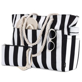 Kasgo Beach Bag for Women, Large Water Resistant Summer Tote Bags Lightweight Sandproof Pool Bag Zipper Gym Bag Shoulder Bags with Small Pouch for Travel Shopping Camping, Black and White Strip