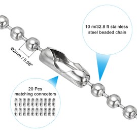 PATIKIL 10 m / 32.8 ft Beads Ball Chain 2 mm Stainless Steel Pull Chain Extension with 20 Pieces Connector for Pendant Chain Key Ring Crafts Silver