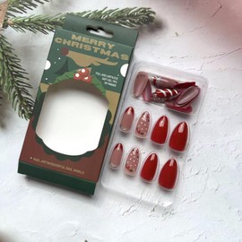 Christmas Press on Nails Almond Fake Nails French Tip False Nails with Silver Glitters Holly Dots Stripe Designs Glossy Medium Glue on Nails Christmas Red Artificial Acrylic Nails for Women Manicure