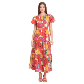 Maggy London Women's Stretch Cotton Poplin Tiered Maxi, Soft White/Flame Red