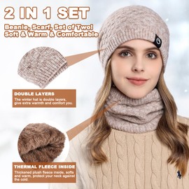 TAGVO Women Beanie Hat Scarf Set Winter Warm Thicken Knitted Hat Ladies Outdoor Slouchy Ski Hat Neck Warmer with Fleece Lining Beige