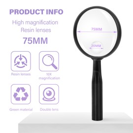 Lakei Handheld reading magnifying, 10X30X children's and adult Magnifier, 75mm shatter resistant lens, Non-Slip Handle, Suitable for elderly reading, Kids natural exploration and Hobby science (Blcak)