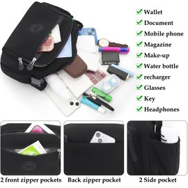 GOUNNU Shoulder Bag Women's Waterproof Crossbody Bag Nylon Leisure Shoulder Bag Many Compartments Women's Handbag with Adjustable Wide Shoulder Strap Messenger Bag Lightweight, black