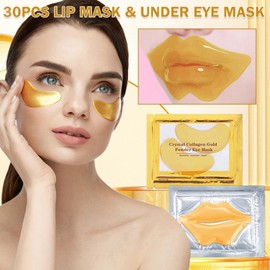 CAHIUYOA 30PCS Lip Mask & Eye Mask 24k Gold Under Eye Patches for Puffy Eyes and Dark Circles Effectively Moisturizing the Lip and Eye Skin Reducing Fine Lines