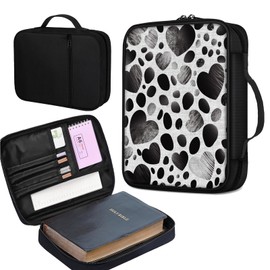 JANENFNA Bible Cover Bag for Women, Black White Hearts Bible Case, Large Bible Bag with Pockets, Zipper and Handle for Standard and Large Bibles, Christian Gift for Women