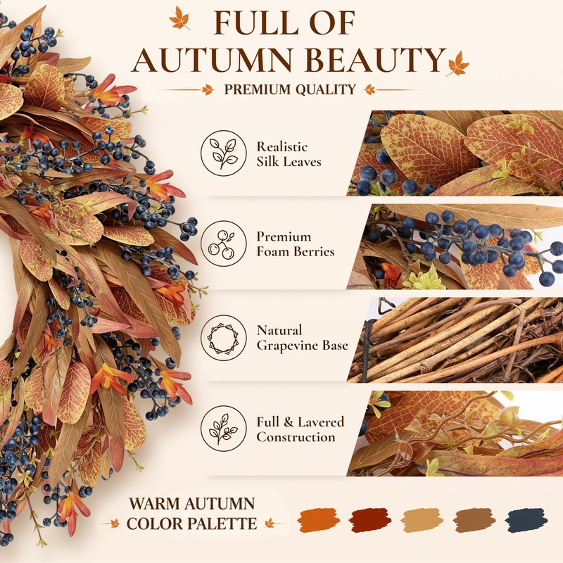 24" Fall Wreaths for Front Door, Fall Wreaths with Eucalyptus