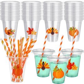 Uiifan 60 Pcs 12 oz Fall Disposable Plastic Cups with Lids and Straws Pumpkin DIY Cups Maple Turkey Leaf Cups for Cold Drinks Iced Coffee Juice Tea Thanksgiving Party Supplies
