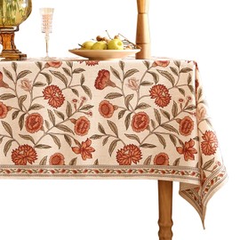 ISAENNE Floral Rectangular Tablecloth,Linen Table Cloth with Orange Flowers and Green Leaves Pattern,Heavy Durable Table Cover for Dining Thanksgiving Kitchen Party Banquet Christmas,63"*94"