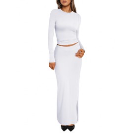 Trendy Queen 2 Piece Skirts Sets for Women Long Sleeve Crew Neck Crop Tops Bodycon Maxi Matching Clothes White S